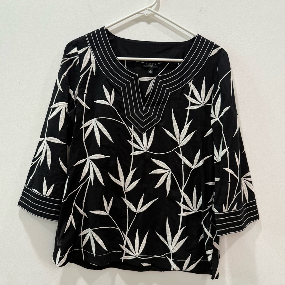 Talbots 8P petite bamboo leaf embroidered tunic Blouse sheer 3/4 sleeves GUC